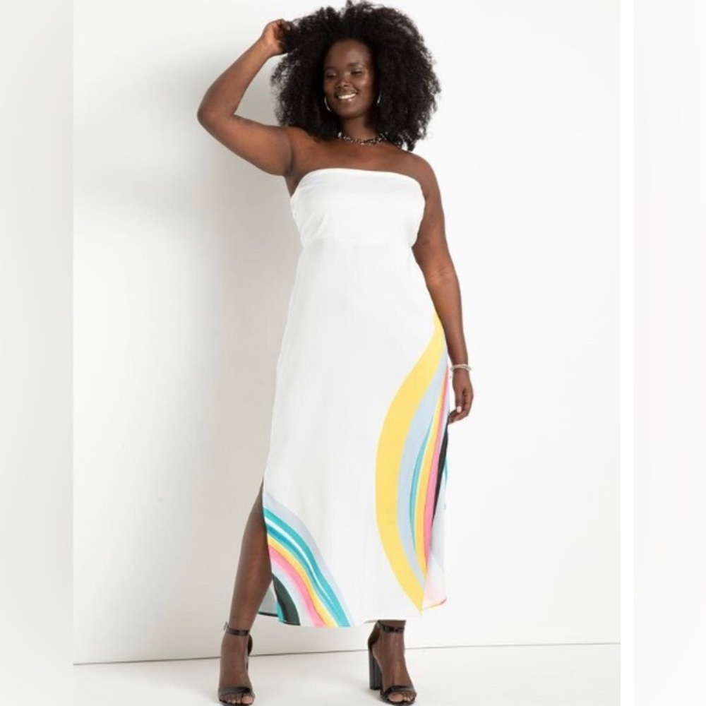 Eloquii Strapless White Dress with Rainbow Accents